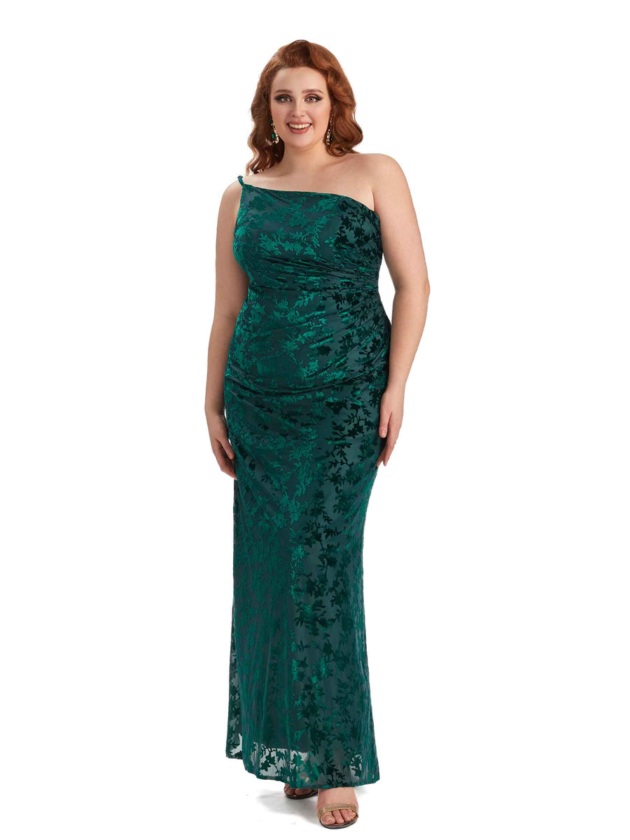 Plus Size Sexy Mermaid One Shoulder Side Slit Floral Velvet Long Bridesmaid Dresses