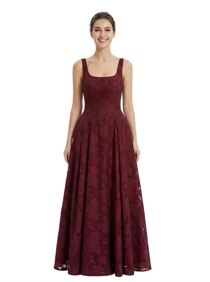 Elegant Square Ruching Floral Burnout Chiffon A-line Formal Evening Dresses