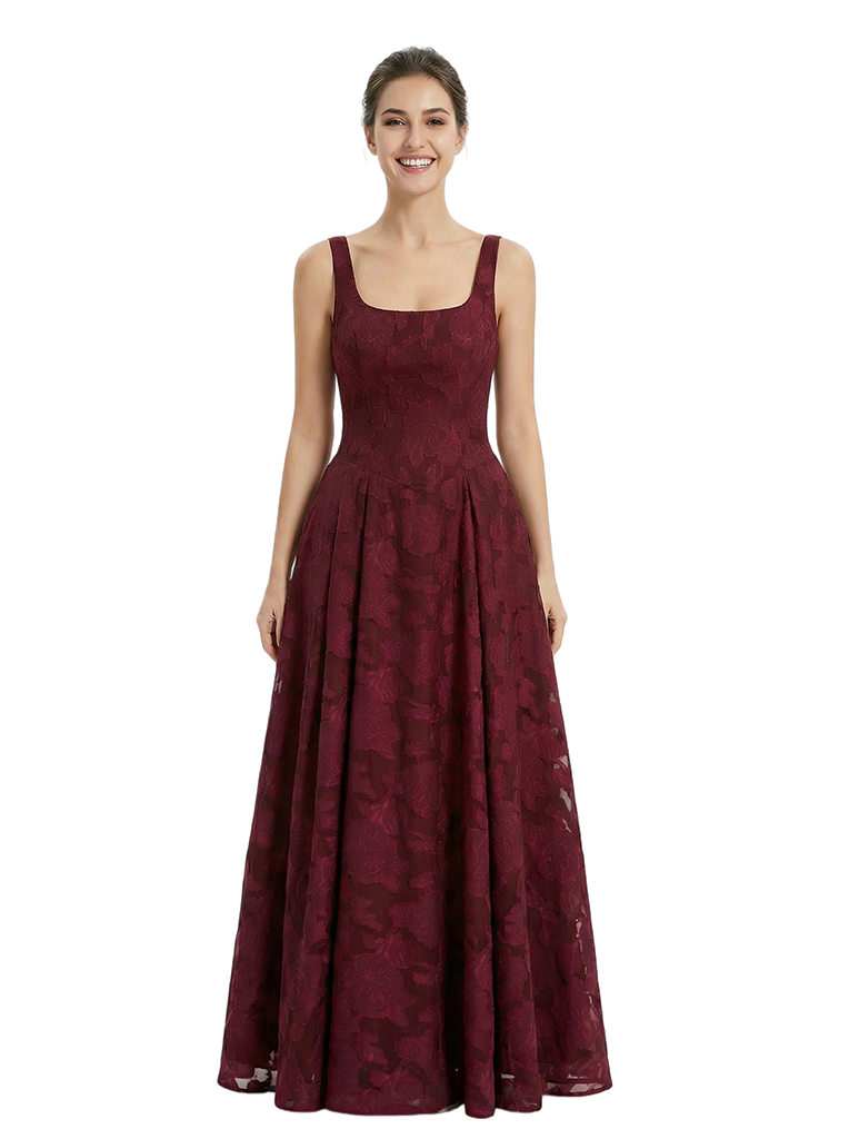 Elegant Square Ruching Floral Burnout Chiffon A-line Formal Evening Dresses