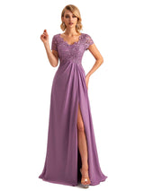 Elegant Side Slit Chiffon Short Sleeves A-line Long Mother of the Brides Dresses