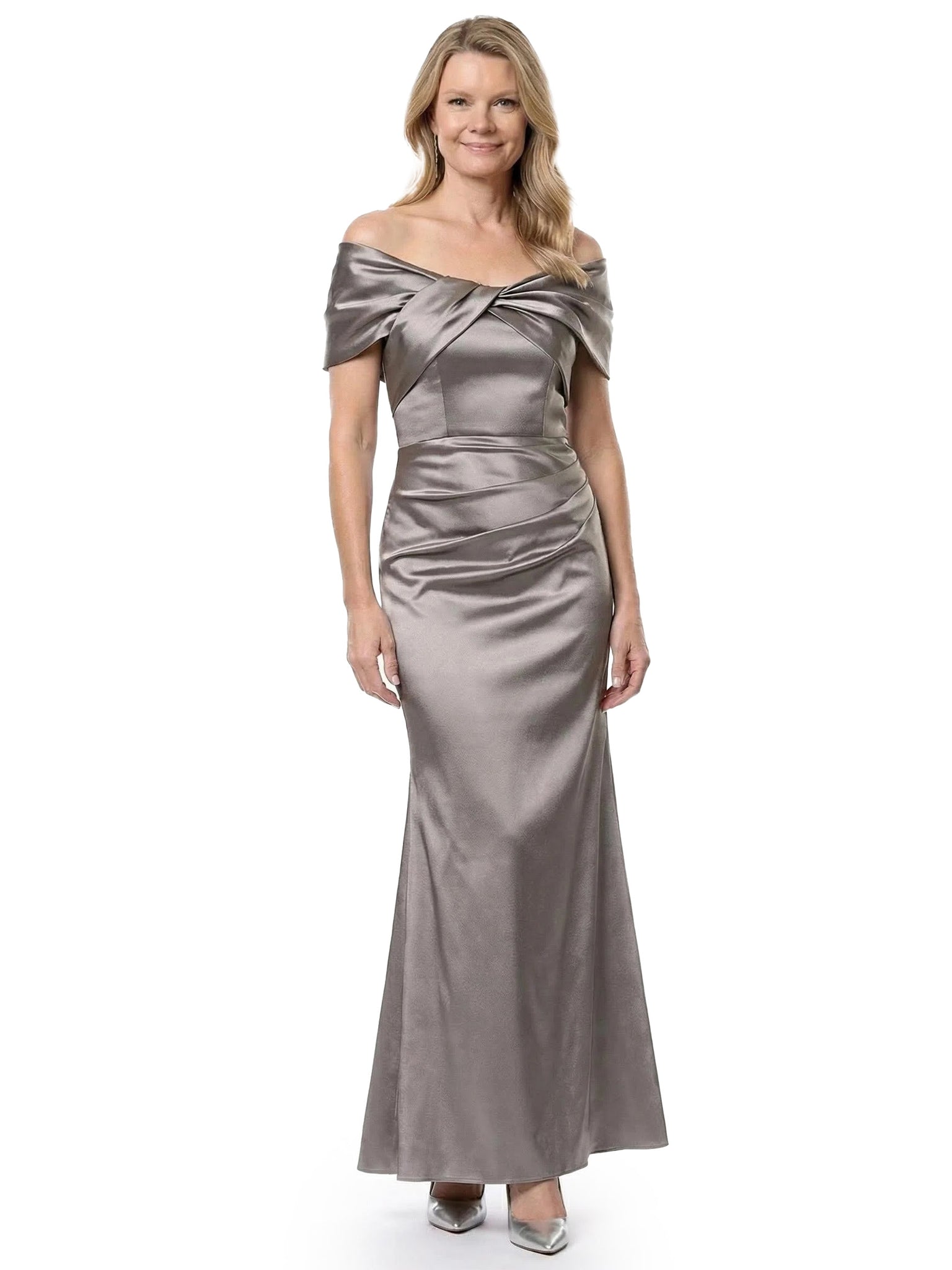 ChicSew Modern Ruched Satin Mother Of The Groom Dress With Twisted Off Shoulder Neck