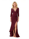 Elegant Long Sleeves V-Neck Side Slit Mermaid Crepe Long Mother of The Bride and Groom Dresses
