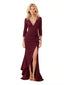 Elegant Long Sleeves V-Neck Side Slit Mermaid Crepe Long Mother of The Bride and Groom Dresses