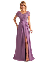 Elegant Side Slit Chiffon Short Sleeves A-line Long Mother of the Brides Dresses