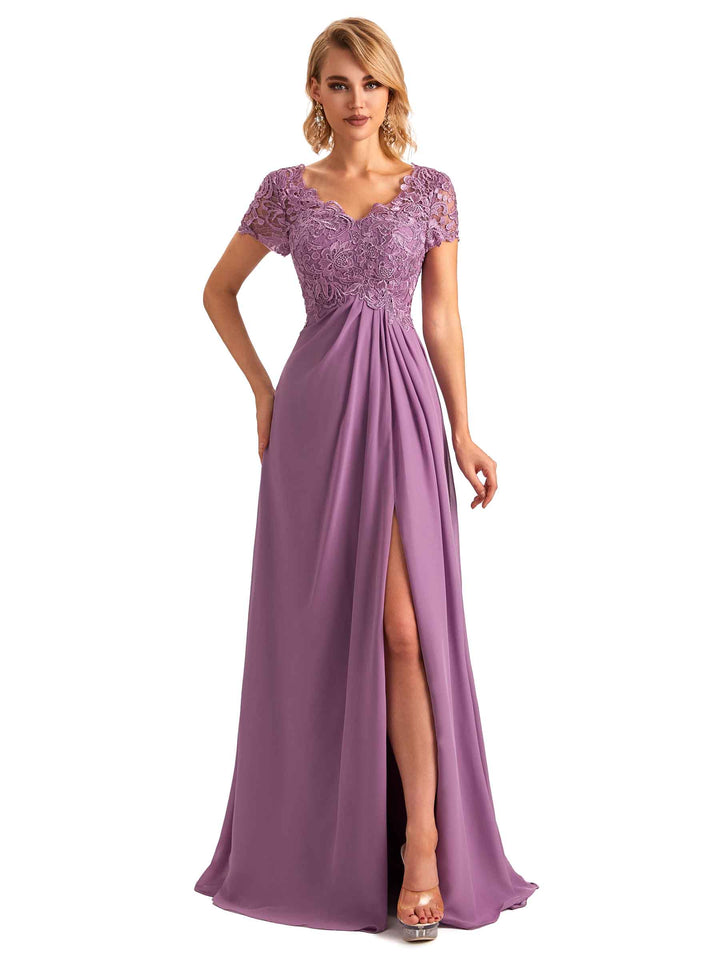 Elegant Side Slit Chiffon Short Sleeves A-line Long Mother of the Brides Dresses