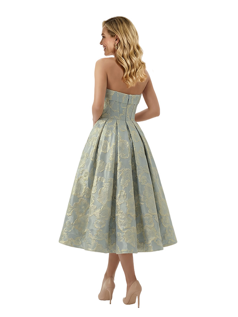 ChicSew Elegant Floral Jacquard Strapless A-Line Tea-Length Formal Evening Dresses