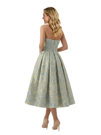 ChicSew Elegant Floral Jacquard Strapless A-Line Tea-Length Formal Evening Dresses