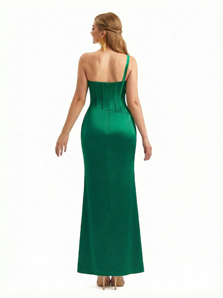 Sexy Side Slit One Shoulder Boning Mermaid Soft Satin Long Formal Dresses