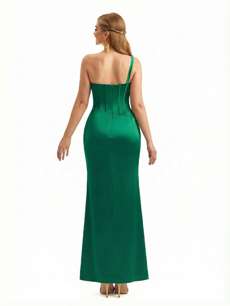 Sexy Side Slit One Shoulder Boning Mermaid Soft Satin Long Formal Dresses