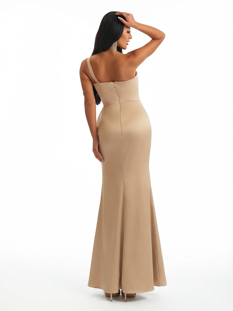 Sexy Mermaid One Shoulder Twisted Knot Side Slit Soft Satin Long Formal Dresses
