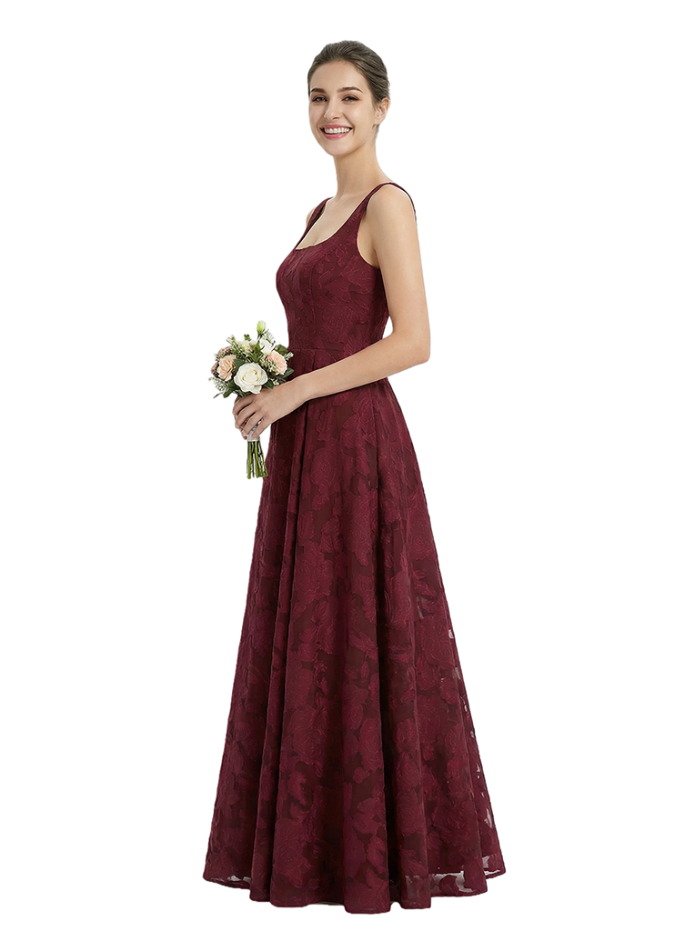 Elegant Square Ruching Floral Burnout Chiffon A-line Formal Evening Dresses