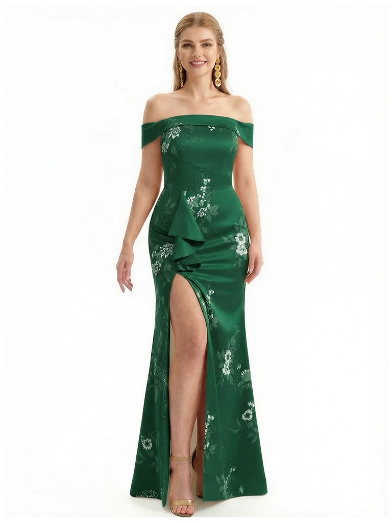 Simple Off Shoulder Side Slit Mermaid Long Satin Floral Formal Evening Dresses For Ladies