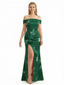 Simple Off Shoulder Side Slit Mermaid Long Satin Floral Formal Evening Dresses For Ladies