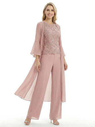 Mother Of The Groom PantSuit With Embroidered Lace Topper And Long Jacket