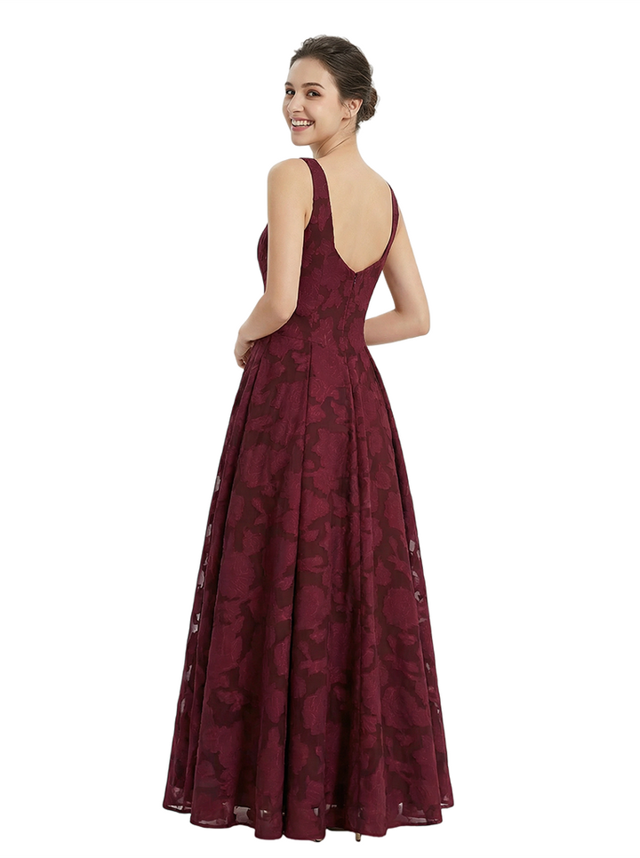 Elegant Square Ruching Floral Burnout Chiffon A-line Formal Evening Dresses