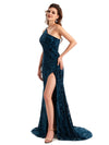 Elegant One Shoulder Side Slit Mermaid Floral Velvet Long Bridesmaid Dresses Online