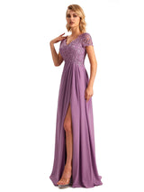 Elegant Side Slit Chiffon Short Sleeves A-line Long Mother of the Brides Dresses
