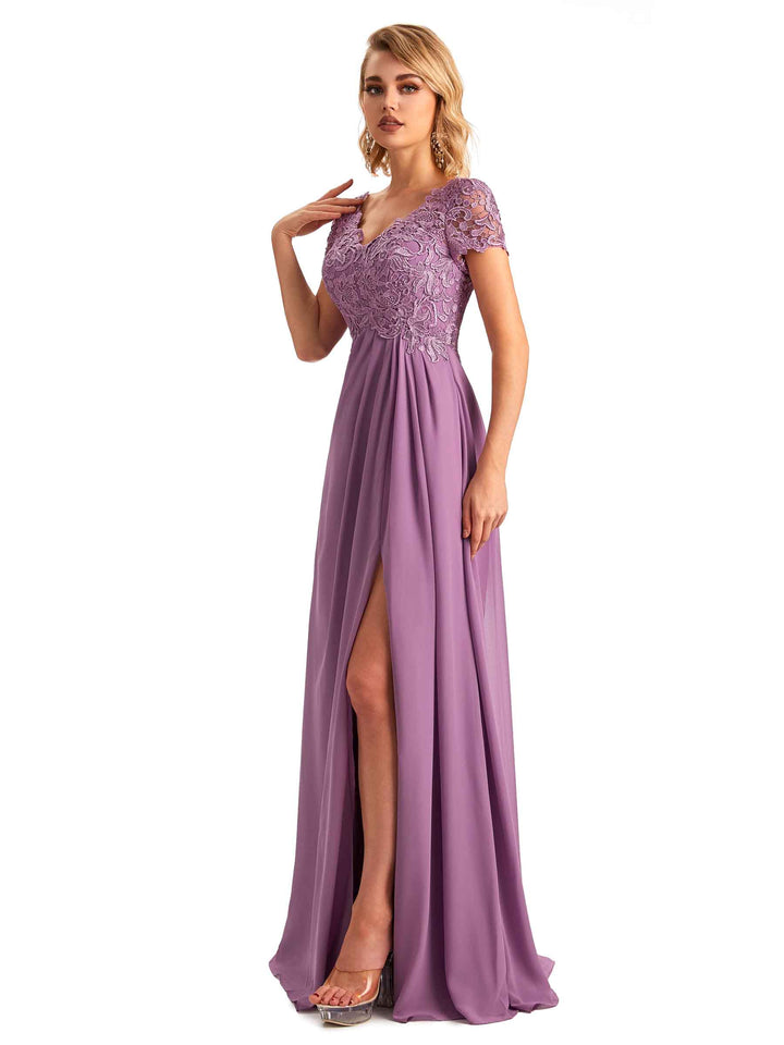 Elegant Side Slit Chiffon Short Sleeves A-line Long Mother of the Brides Dresses