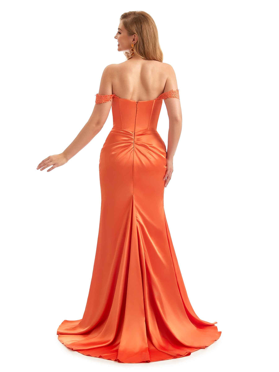 Lace Slit Tulle Neckline Satin Off Shoulder Boho Bridesmaid Dresses