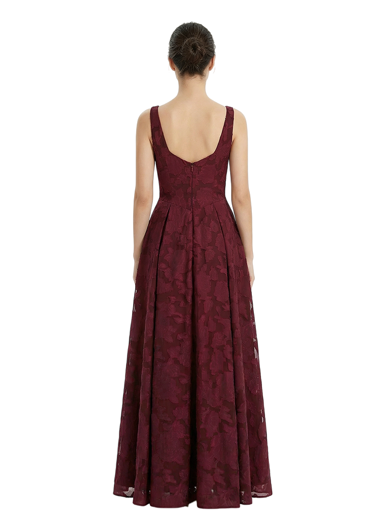 Elegant Square Ruching Floral Burnout Chiffon A-line Formal Evening Dresses