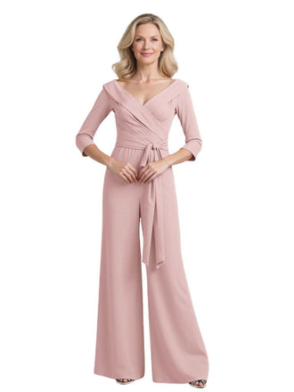 Elegant Chiffon V-neck 3/4 Sleeves Jumpsuit For Mother Of The Bride