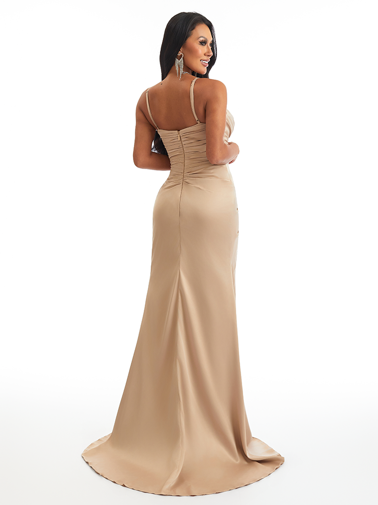 Sexy Spaghetti Straps V-Neck Side Slit Mermaid Pleated Satin Pretty Long Bridesmaid Dresses