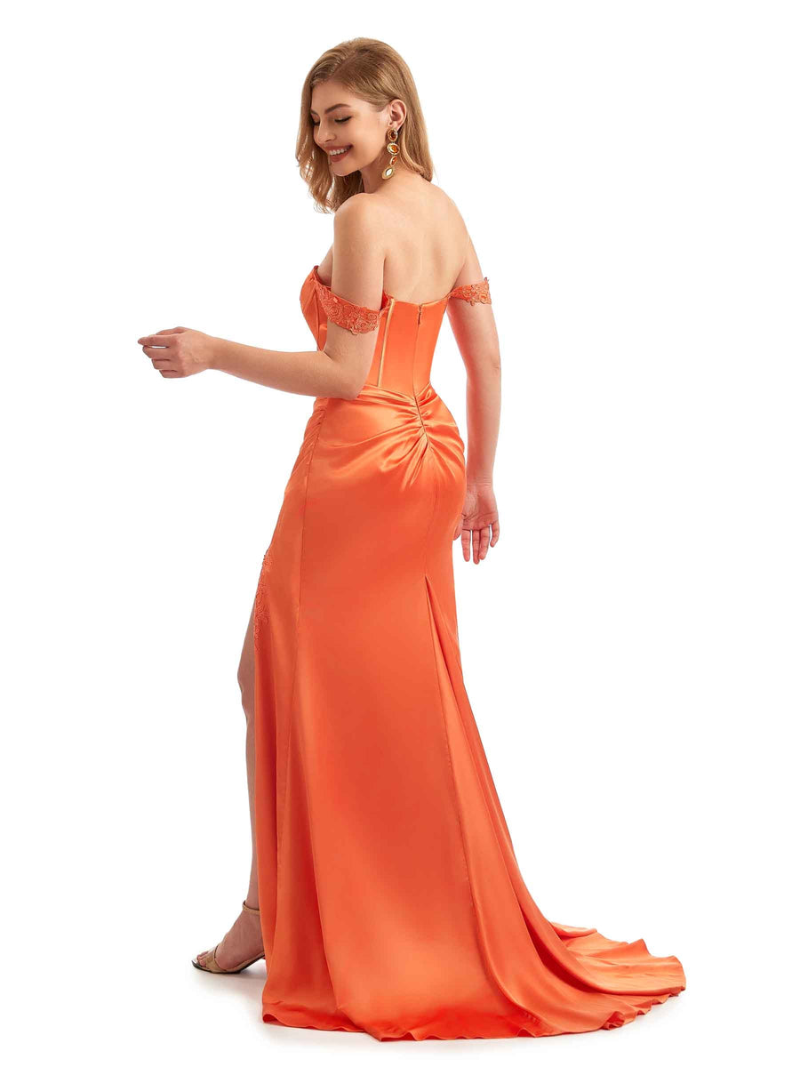 Lace Slit Tulle Neckline Satin Off Shoulder Boho Bridesmaid Dresses