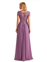 Elegant Side Slit Chiffon Short Sleeves A-line Long Mother of the Brides Dresses