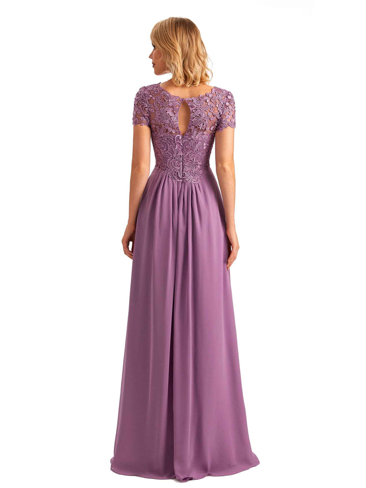 Elegant Side Slit Chiffon Short Sleeves A-line Long Mother of the Brides Dresses