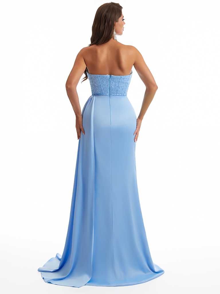 Sexy Sweetheart Sparkly Lace Mermaid Soft Satin Long Bridesmaid Dresses Online Side Slit Boning
