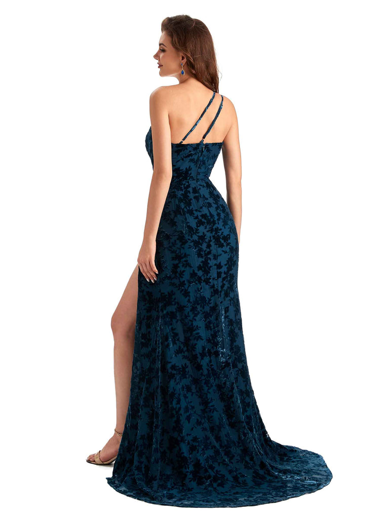 Elegant One Shoulder Side Slit Mermaid Floral Velvet Long Bridesmaid Dresses Online