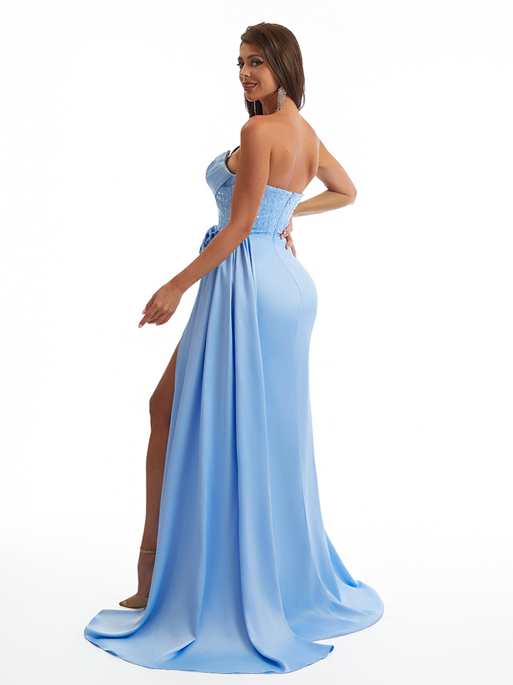 Sexy Sweetheart Sparkly Lace Mermaid Soft Satin Long Bridesmaid Dresses Online Side Slit Boning
