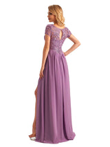 Elegant Side Slit Chiffon Short Sleeves A-line Long Mother of the Brides Dresses