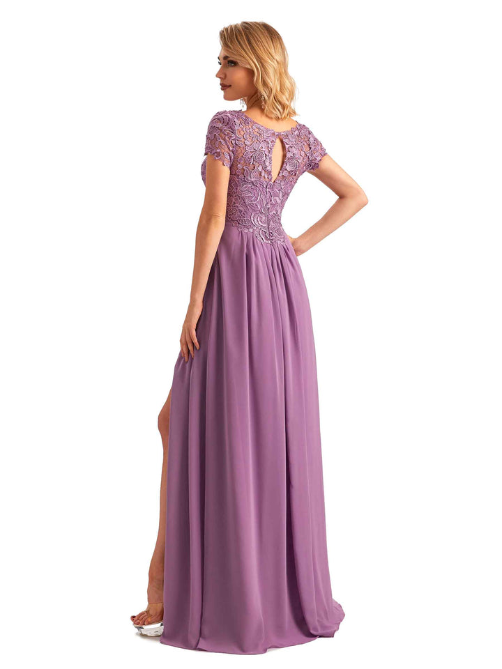 Elegant Side Slit Chiffon Short Sleeves A-line Long Mother of the Brides Dresses