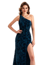 Elegant One Shoulder Side Slit Mermaid Floral Velvet Long Bridesmaid Dresses Online