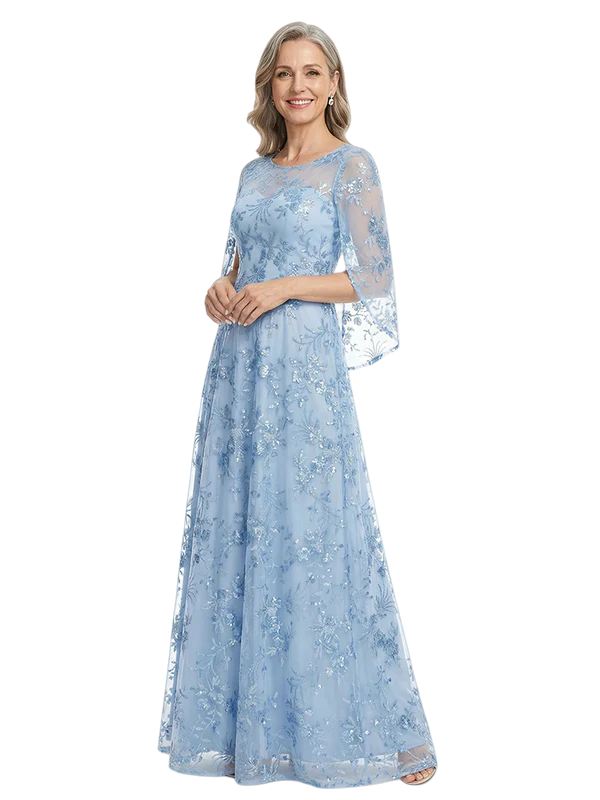 ChicSew Beautiful Embroidered A-Line Mother Of The Groom Gown Sparkly Floral Lace Applique Long Sleeve