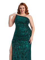 Plus Size Sexy Mermaid One Shoulder Side Slit Floral Velvet Long Bridesmaid Dresses