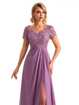 Elegant Side Slit Chiffon Short Sleeves A-line Long Mother of the Brides Dresses
