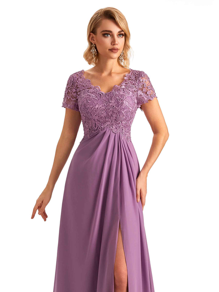Elegant Side Slit Chiffon Short Sleeves A-line Long Mother of the Brides Dresses