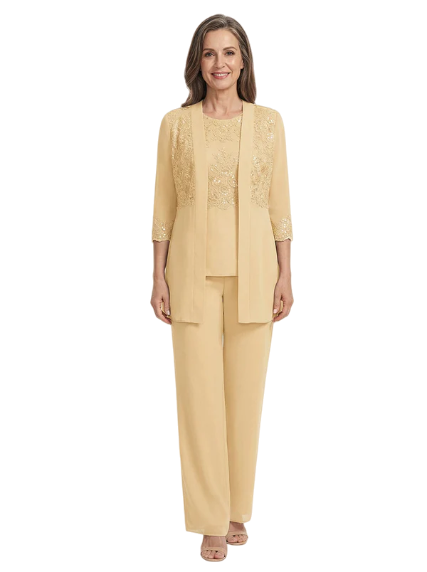ChicSew Classy Chiffon Sequin Applique Mother Of The Groom Pant Suit With Long Jacket