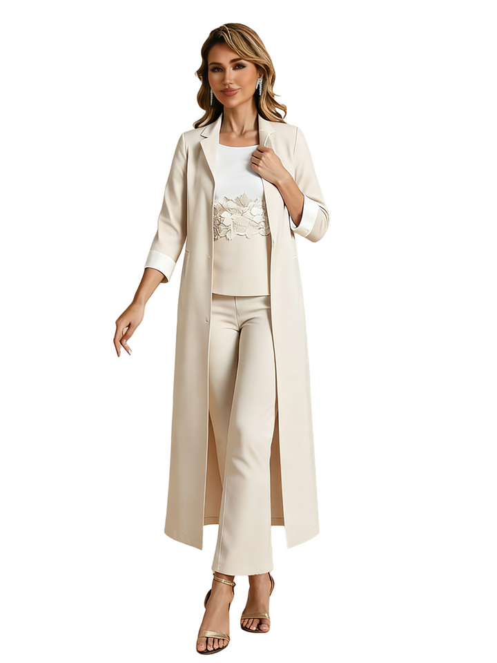 Elegant Jewel Crepe Applique Women's Pantsuits For Mother of The Bride and Jacket
