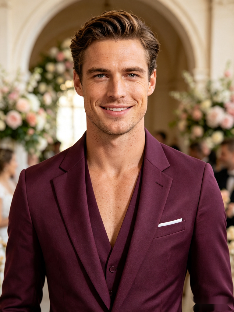 Classic 2 Piece Mulberry Men's Suit with Regular Fit and Sophisticated Peak Lapel