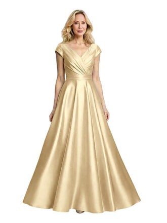Elegant V-Neck Cap Sleeves Ruched A-line Soft Satin  Floor-Length Mother of the Bride Dresses