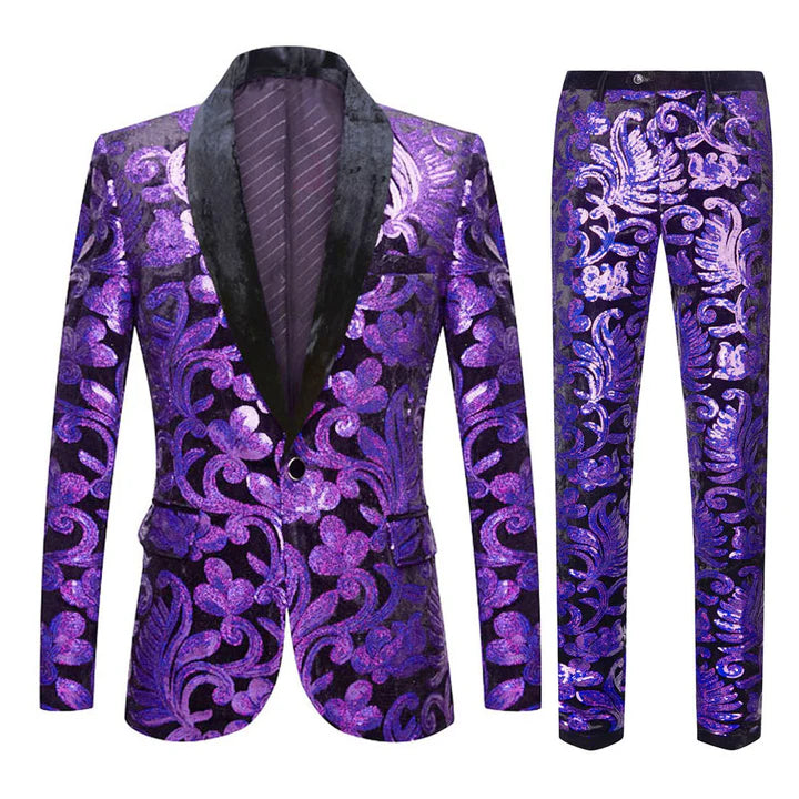 Men's 2-Piece Sequin Floral Embroidery Shawl Collar Tuxedo 5 Color CN418