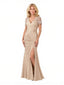 Women's Satin Lace Short Sleeves Side Slit Mermaid Ruched Floor-Length Mother of the Bride Dresses