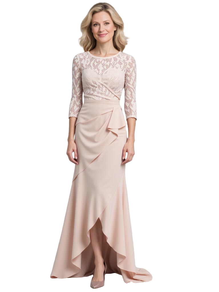 Elegant Scoop 3/4 Sleeves Mermaid Split Lace Crepe Mother Of The Bride Dresses