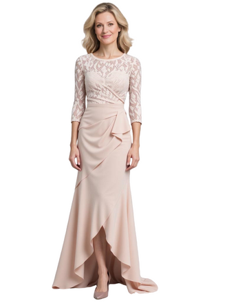 Elegant Scoop 3/4 Sleeves Mermaid Split Lace Crepe Mother Of The Bride Dresses