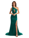 Sexy One Shoulder Side Slit Mermaid Silky Satin Long Gown For Wedding Guest