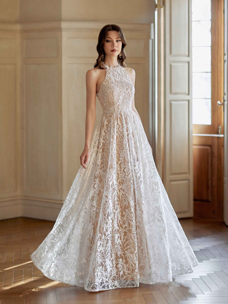 Elegant A-line Halter Backless Sleeveless Maxi Long Lace Wedding Dresses Online