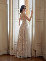 Elegant A-line Halter Backless Sleeveless Maxi Long Lace Wedding Dresses Online